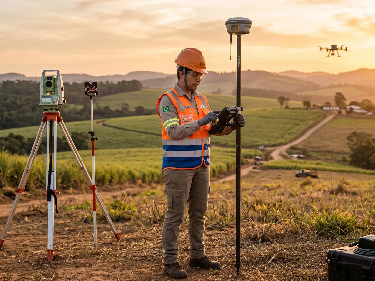Agrimensor realizando medição de campo com receptor RTK GNSS e estação total